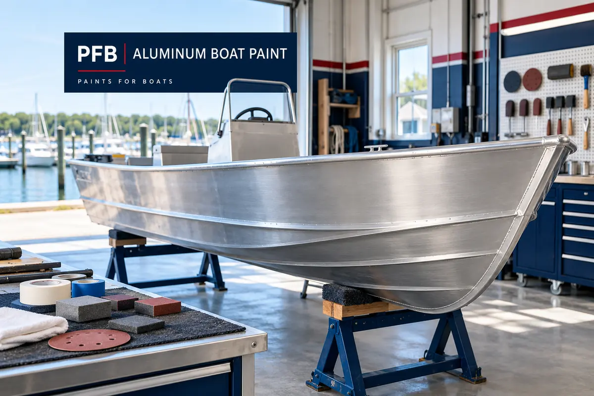 PFB aluminum boat paint guide cover with a bare aluminum boat and preparation tools