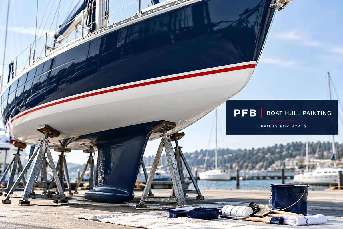 PFB boat hull painting guide cover showing a navy and white sailboat in dry dock