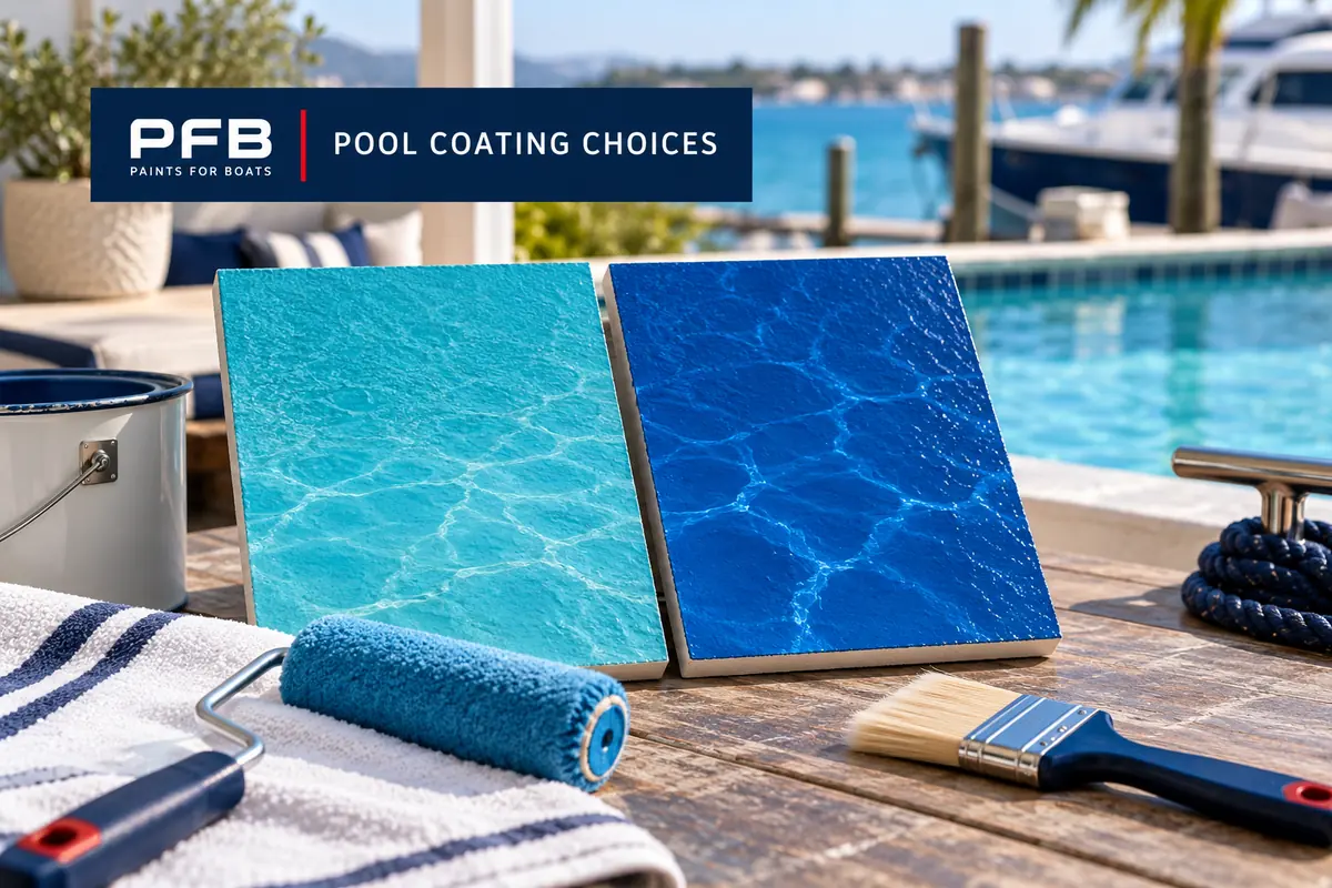 PFB pool coating comparison cover showing two blue coating sample panels