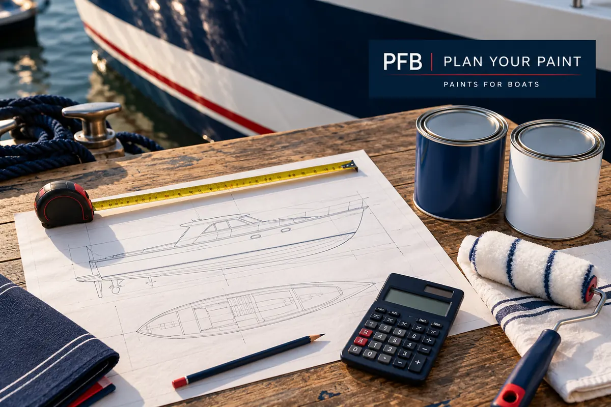 PFB paint quantity planning cover with a boat sketch, tape measure, and calculator