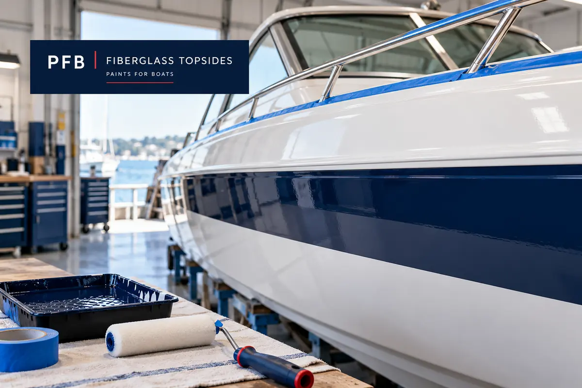 PFB fiberglass topsides guide cover with a white and navy boat and roller tray