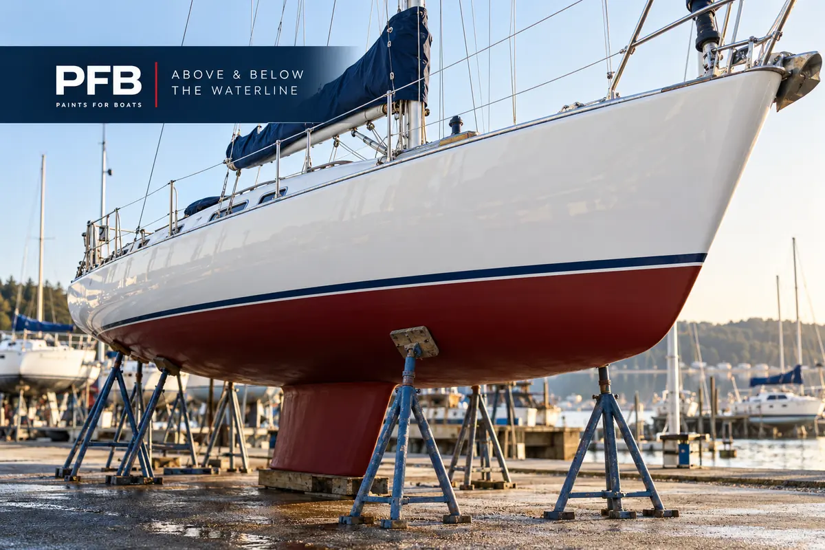 PFB topside and bottom paint guide cover showing a sailboat hull and waterline