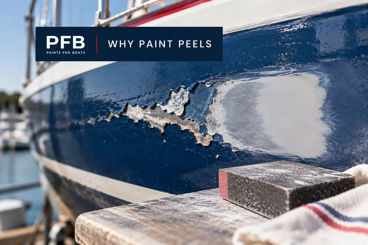 PFB peeling paint guide cover showing a flaking blue boat finish and sanding tools