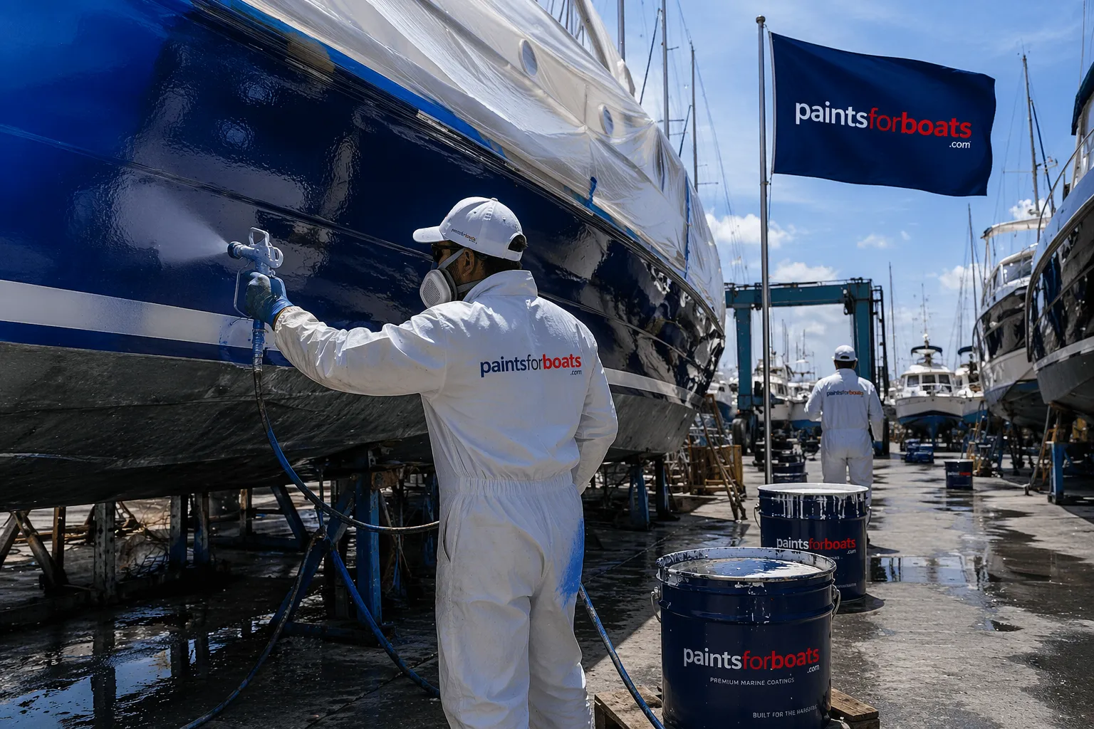PaintsForBoats crew applying industrial marine paint to a boat hull at a professional shipyard